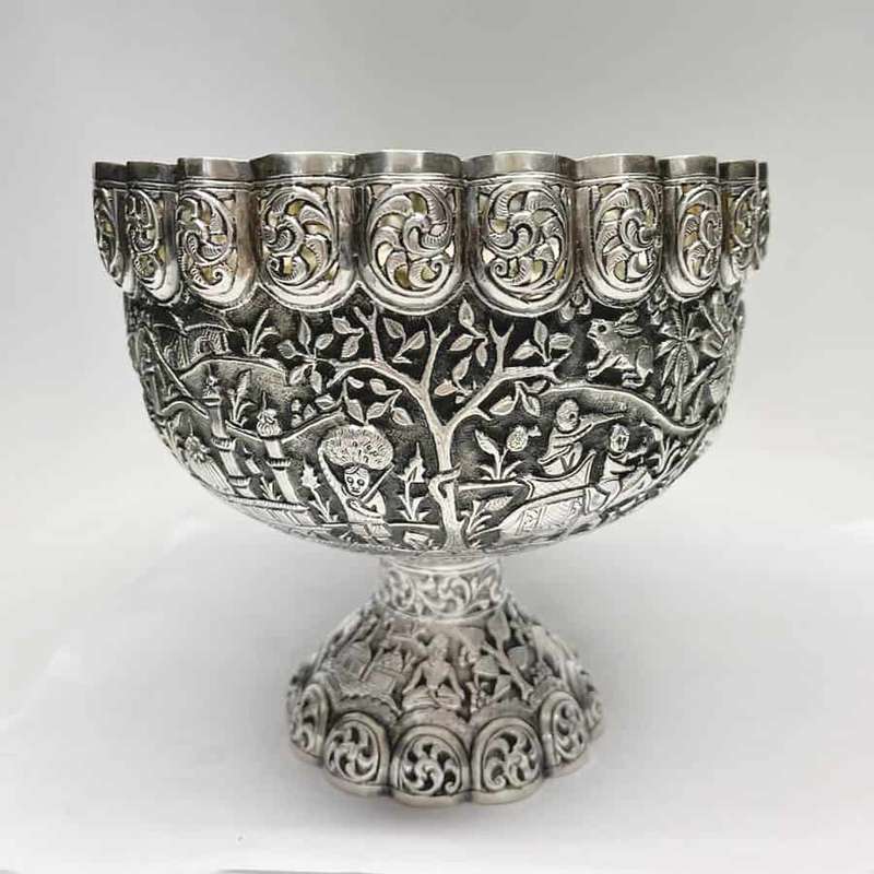 Indian Coin Silver Rose Bowl Animal Detail