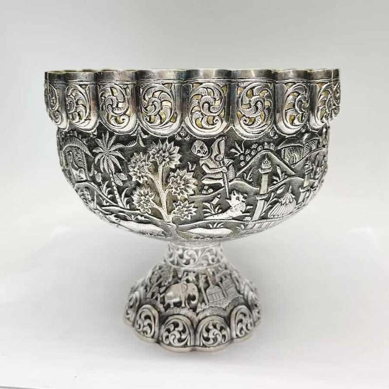 Indian Coin Silver Rose Bowl Animal Detail