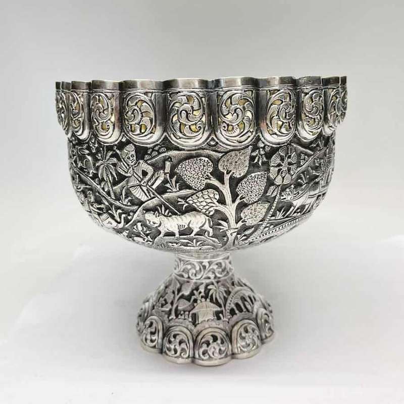 Indian Coin Silver Rose Bowl Animal Detail