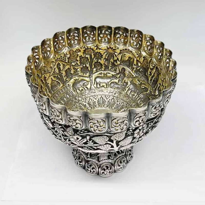 Indian Coin Silver Rose Bowl Animal Detail