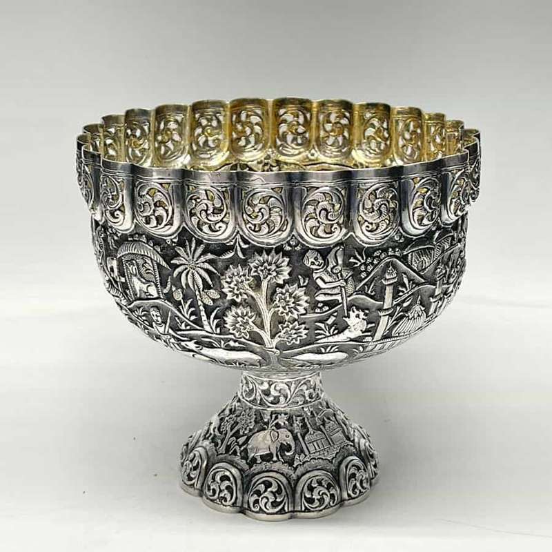Indian Coin Silver Rose Bowl Animal Detail