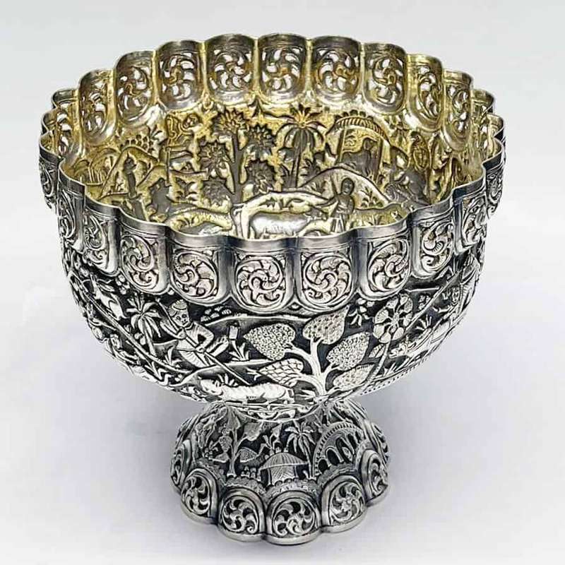 Indian Coin Silver Rose Bowl Animal Detail