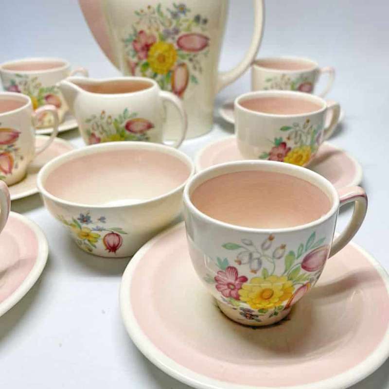 Susie Cooper Pink Dresden Spray Coffee Service