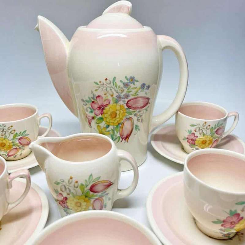 Susie Cooper Pink Dresden Spray Coffee Service