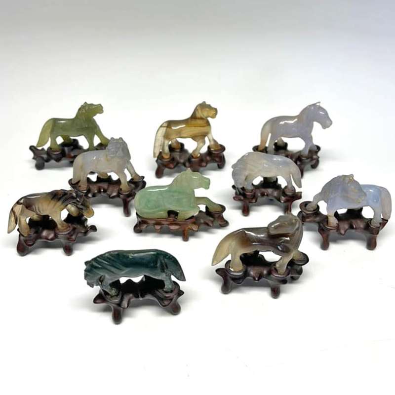 Chinese Jade Set Of Ten Miniature Horses On Stands