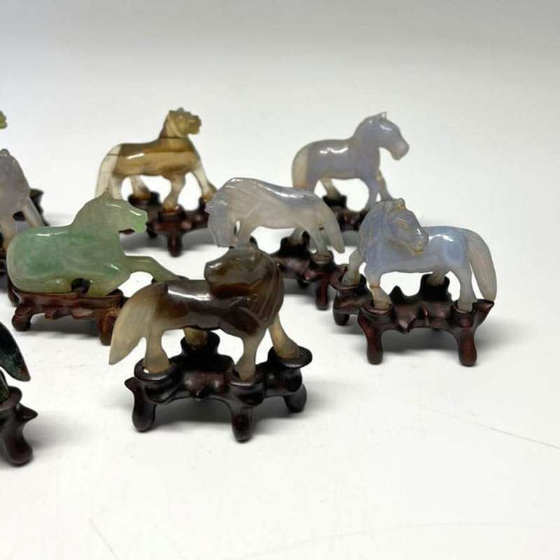 Chinese Jade Set Of Ten Miniature Horses On Stands