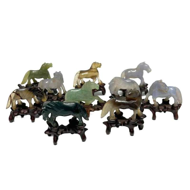 Chinese Jade Set Of Ten Miniature Horses On Stands