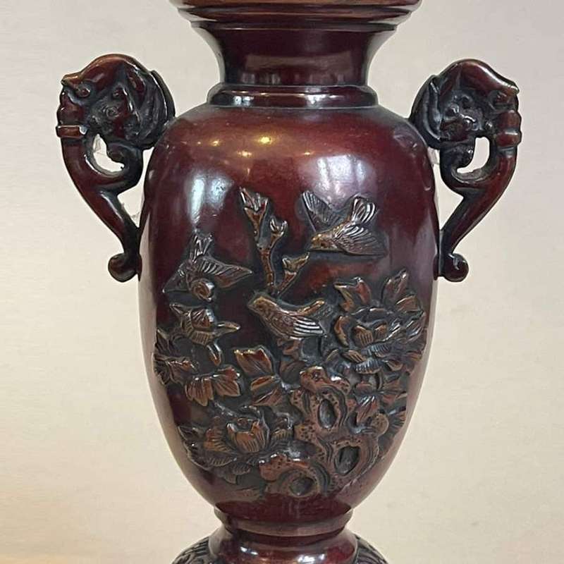 Pair Japanese  Bronze Vases Birds and Foliage in Relief C1890