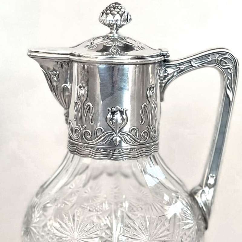 Art Nouveau Crystal and Silver Claret Jug Post 1894