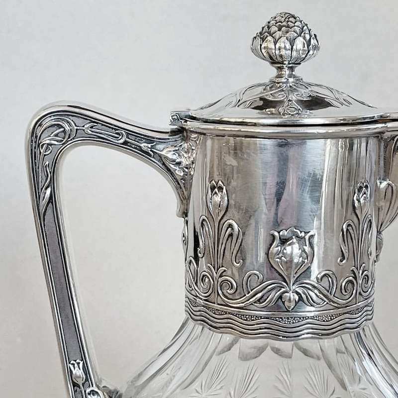 Art Nouveau Crystal and Silver Claret Jug Post 1894