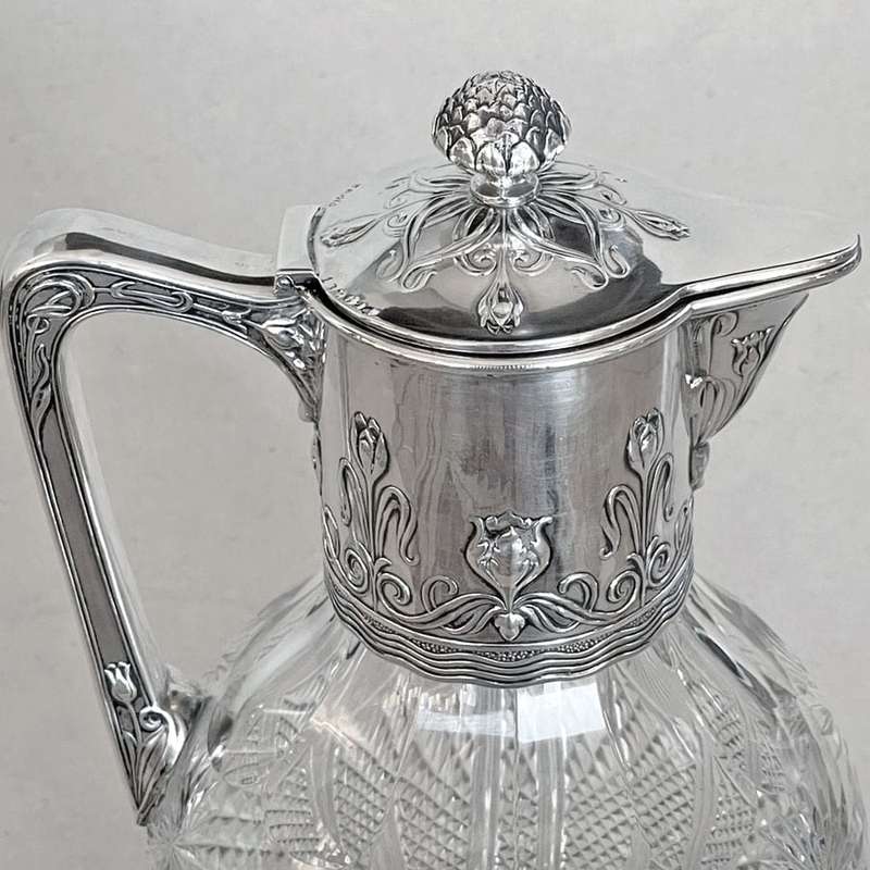 Art Nouveau Crystal and Silver Claret Jug Post 1894