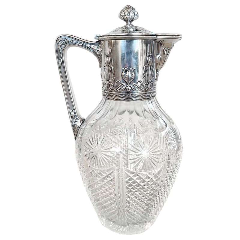 Art Nouveau Crystal and Silver Claret Jug Post 1894