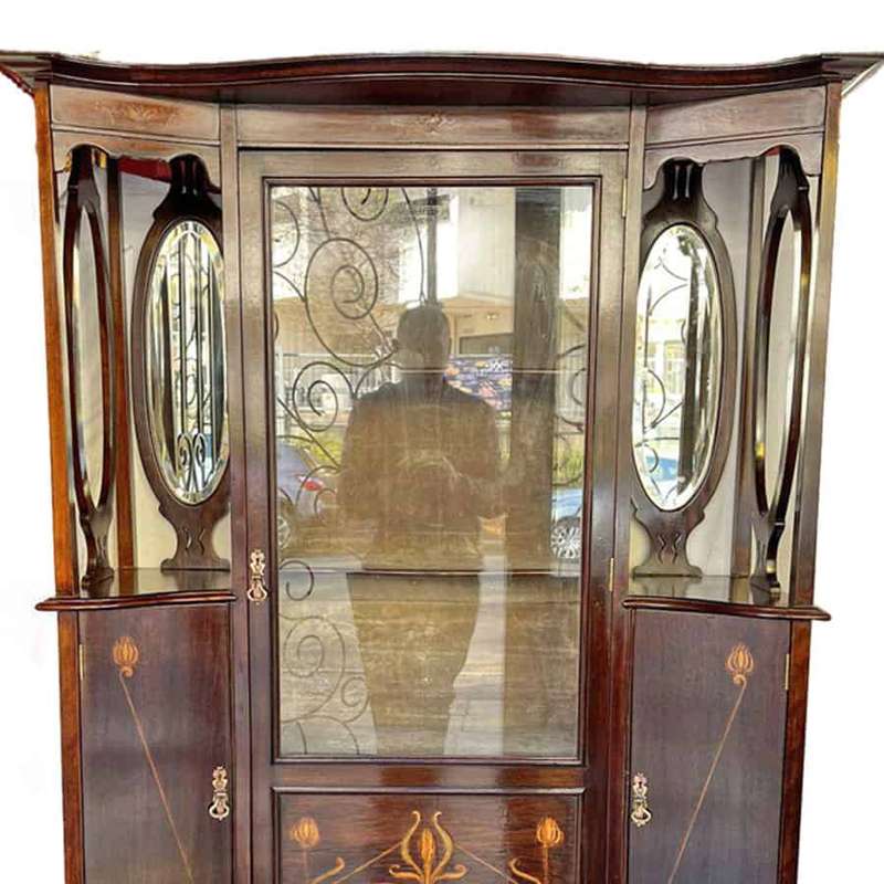 Art Nouveau Mahogany Floral Inlaid Display Cabinet 1910