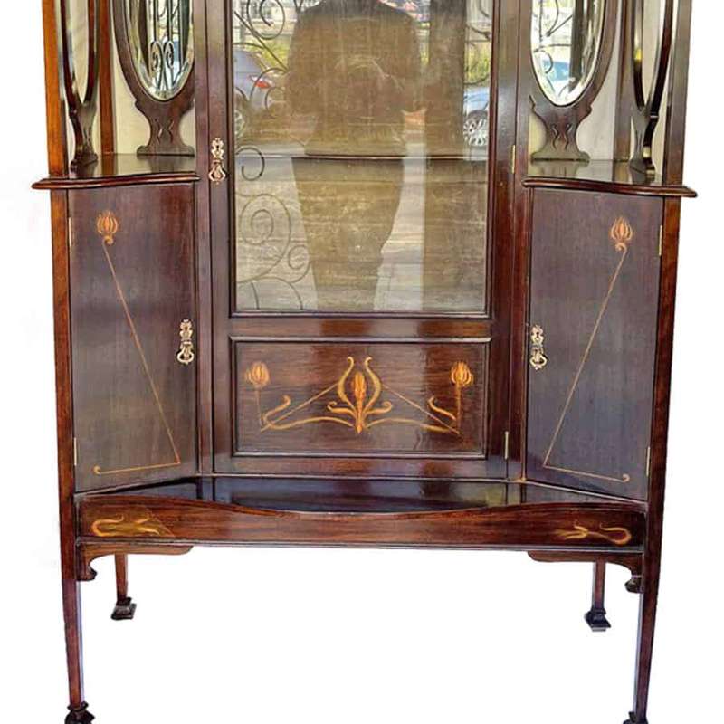 Art Nouveau Mahogany Floral Inlaid Display Cabinet 1910