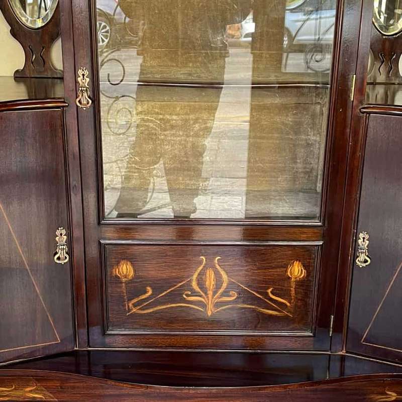Art Nouveau Mahogany Floral Inlaid Display Cabinet 1910