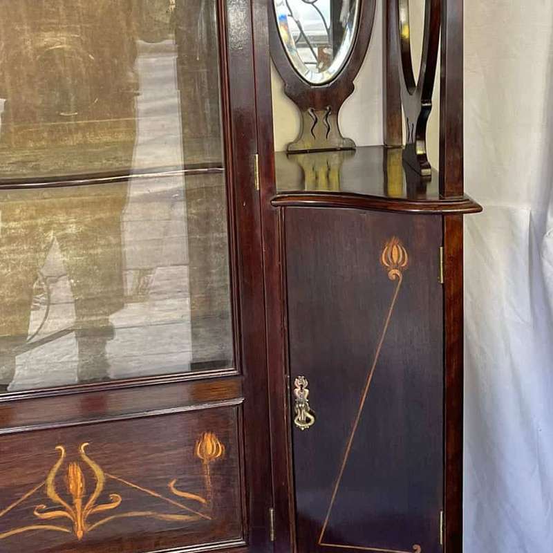 Art Nouveau Mahogany Floral Inlaid Display Cabinet 1910