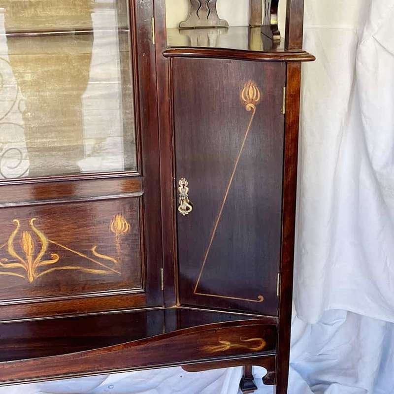 Art Nouveau Mahogany Floral Inlaid Display Cabinet 1910