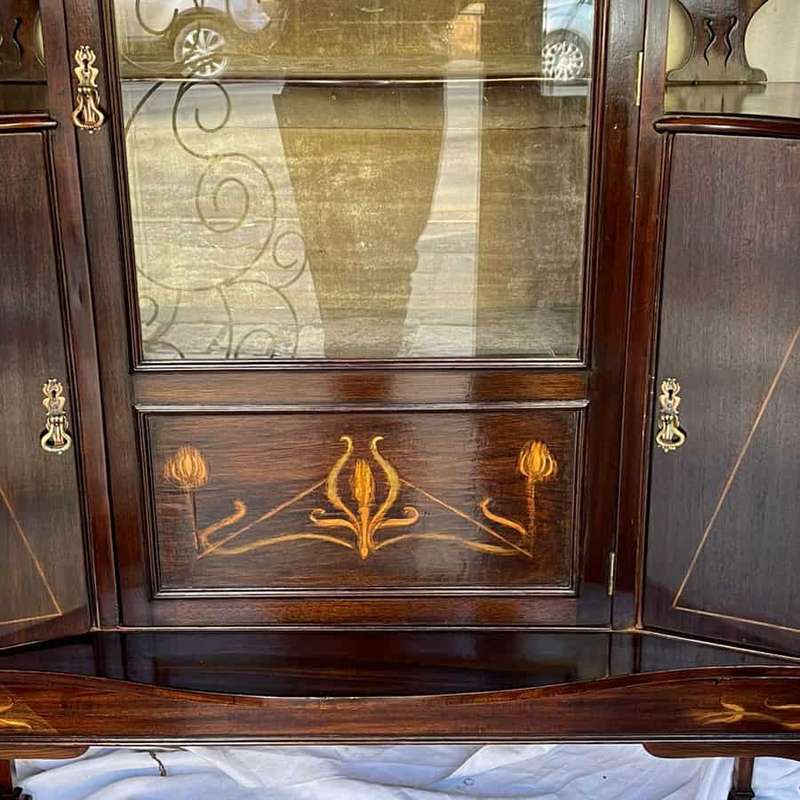 Art Nouveau Mahogany Floral Inlaid Display Cabinet 1910