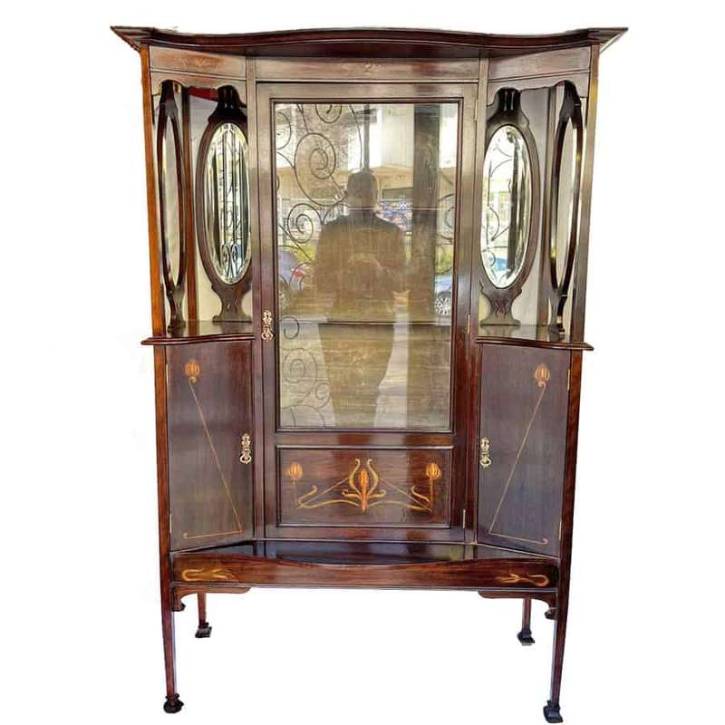 Art Nouveau Mahogany Floral Inlaid Display Cabinet 1910