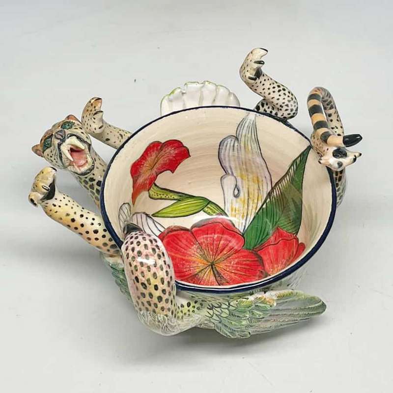 Ardmore Hand Painted Cheetah Catching Bird Bowl 2010