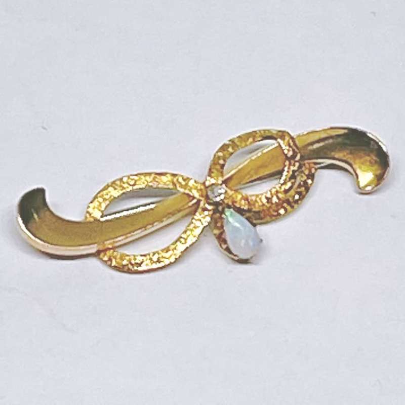Diamond and Opal 15ct Gold Bow Brooch