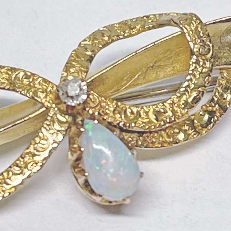 Diamond and Opal 15ct Gold Bow Brooch