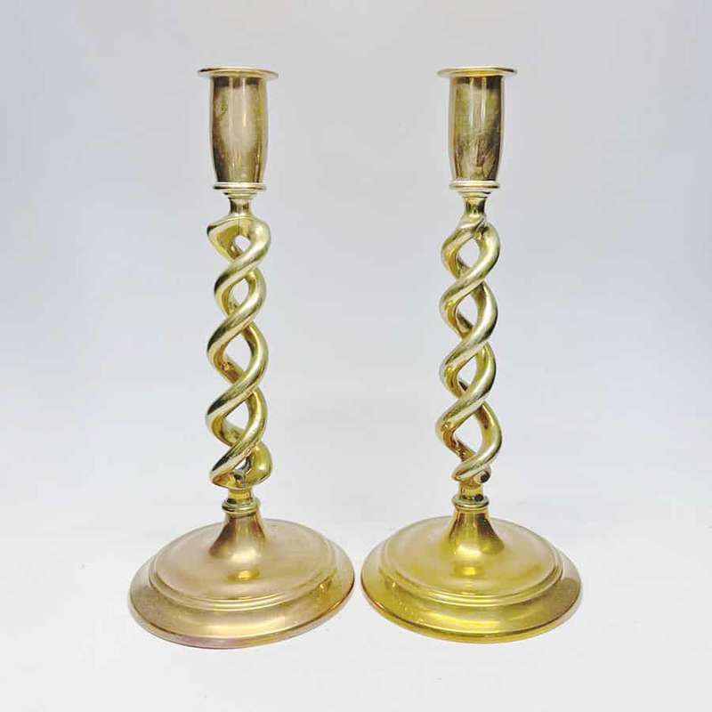 Pair Early Brass Barley Twist Candlesticks
