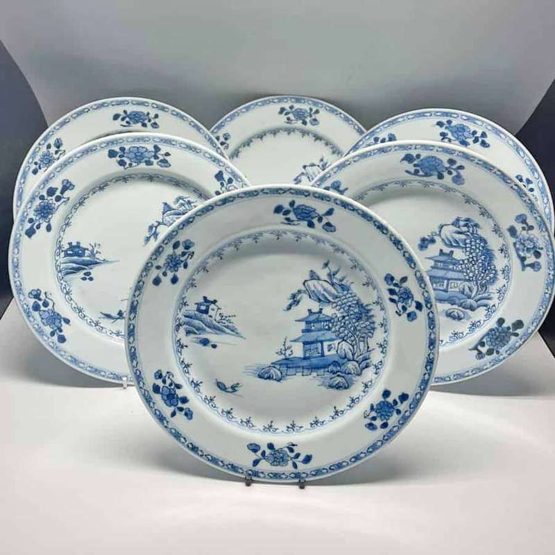 Chinese 18th Century Qianlong Willow Pattern Set Of 6 Plates 1775