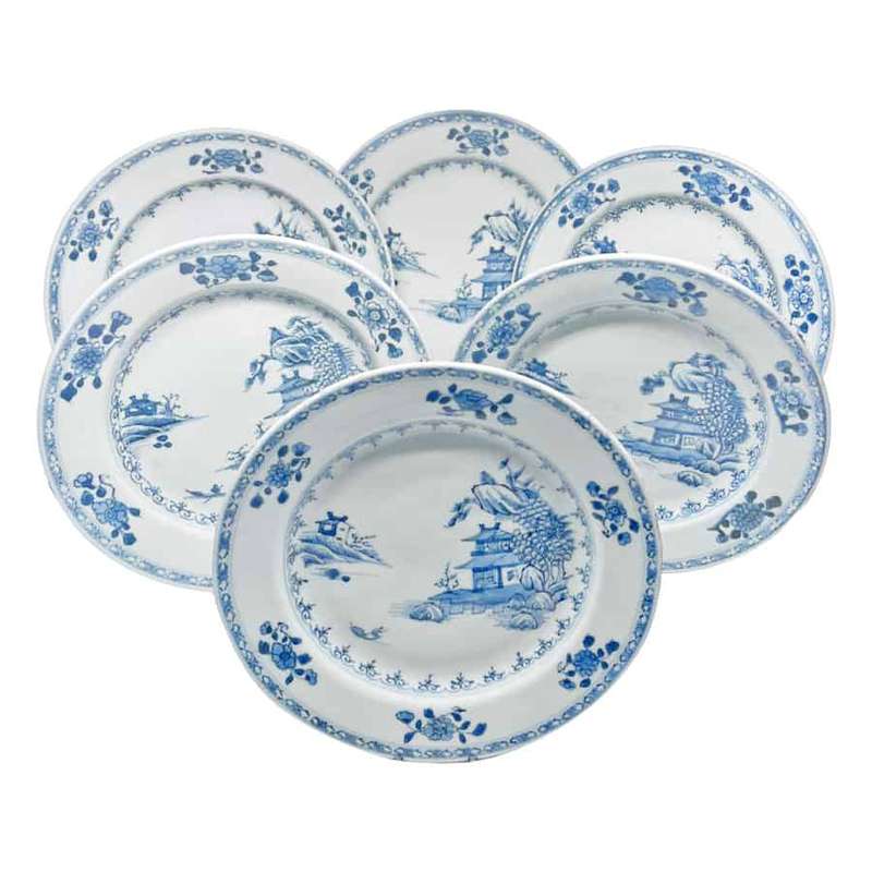 Chinese 18th Century Qianlong Willow Pattern Set Of 6 Plates 1775