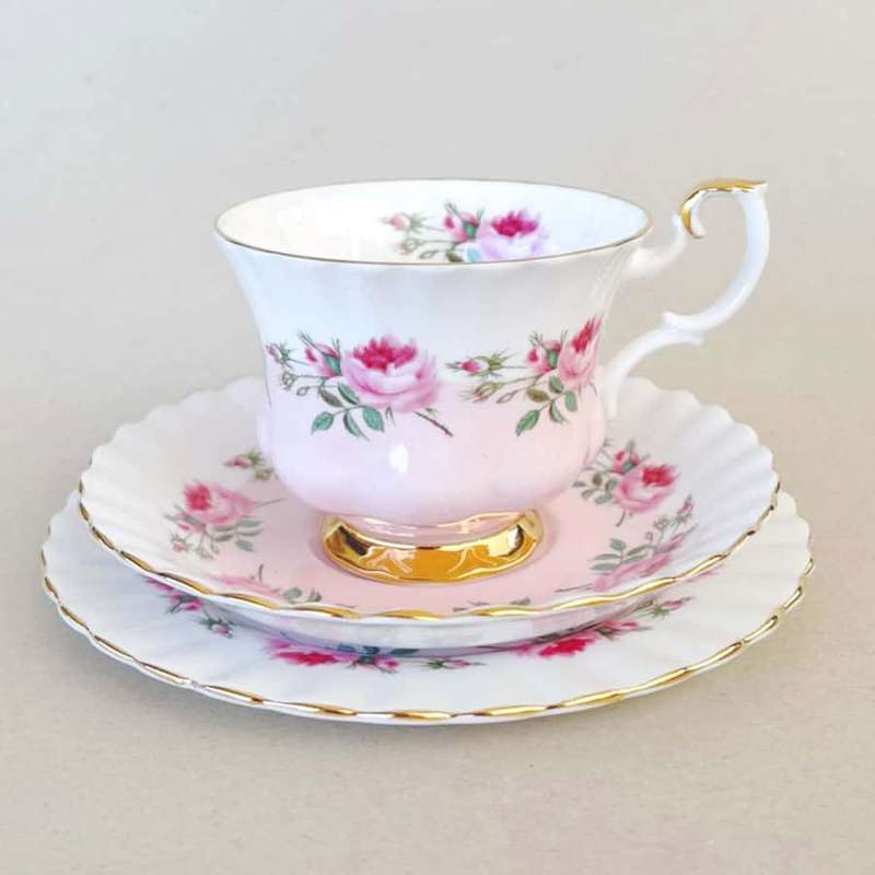 Royal Albert Tea Trio Moss Rose With Pink and White Bands