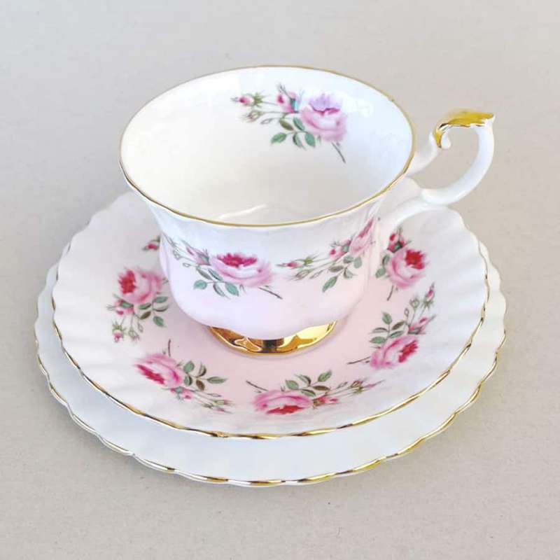 Royal Albert Tea Trio Moss Rose With Pink and White Bands