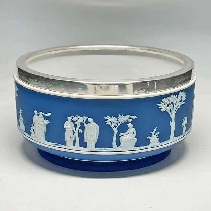 Wedgwood Cobalt Blue Jasperware Silver Plated Rim Maidens Bowl