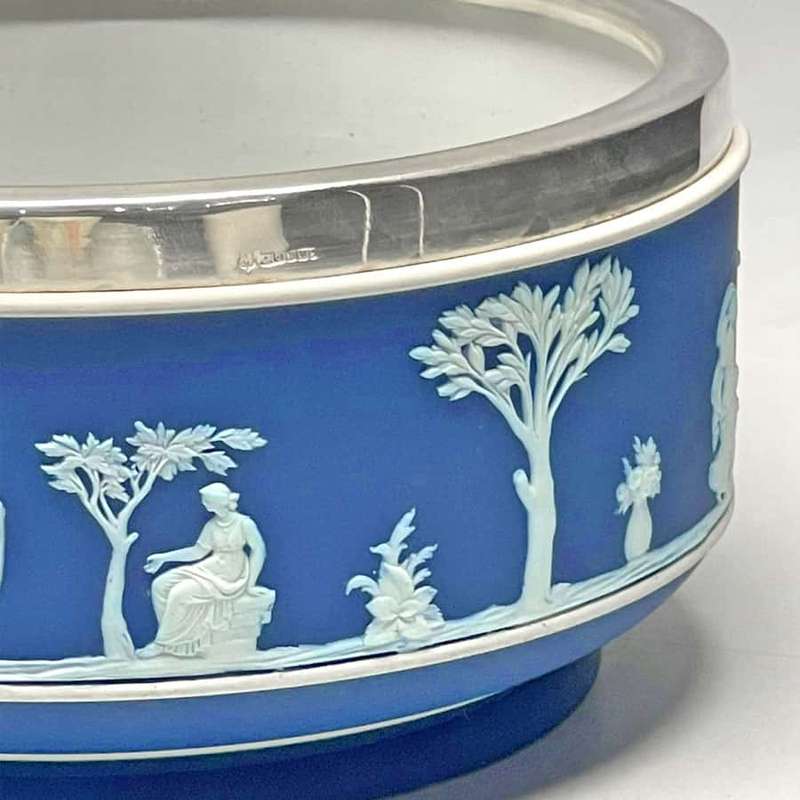 Wedgwood Cobalt Blue Jasperware Silver Plated Rim Maidens Bowl