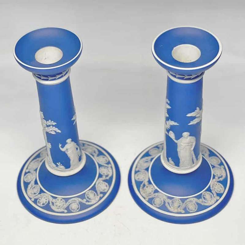 Pair Dark Blue Wedgwood Candlesticks 1891