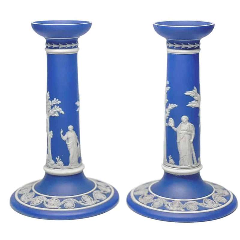 Pair Dark Blue Wedgwood Candlesticks 1891