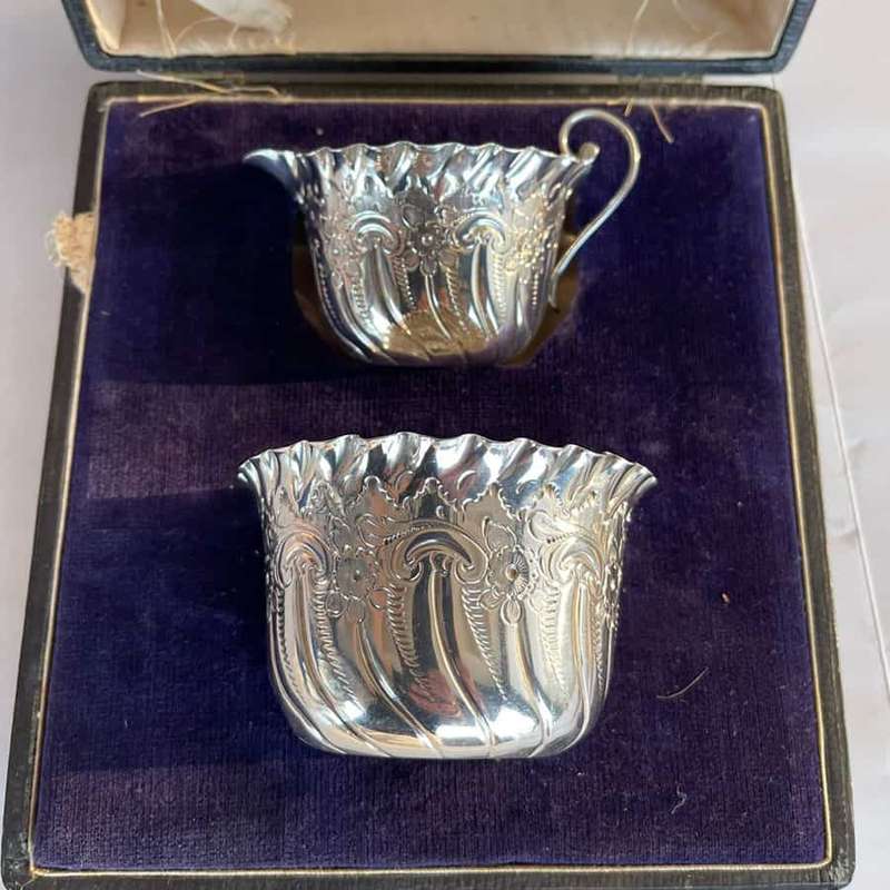 Hallmarked  Silver Boxed Cream Sugar Set  Sheffield 1894