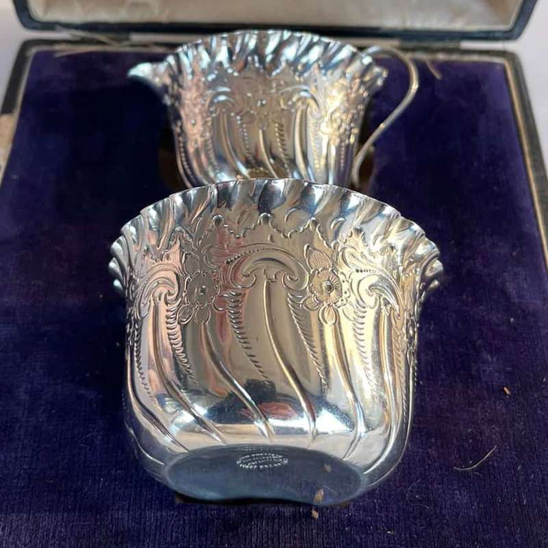 Hallmarked  Silver Boxed Cream Sugar Set  Sheffield 1894