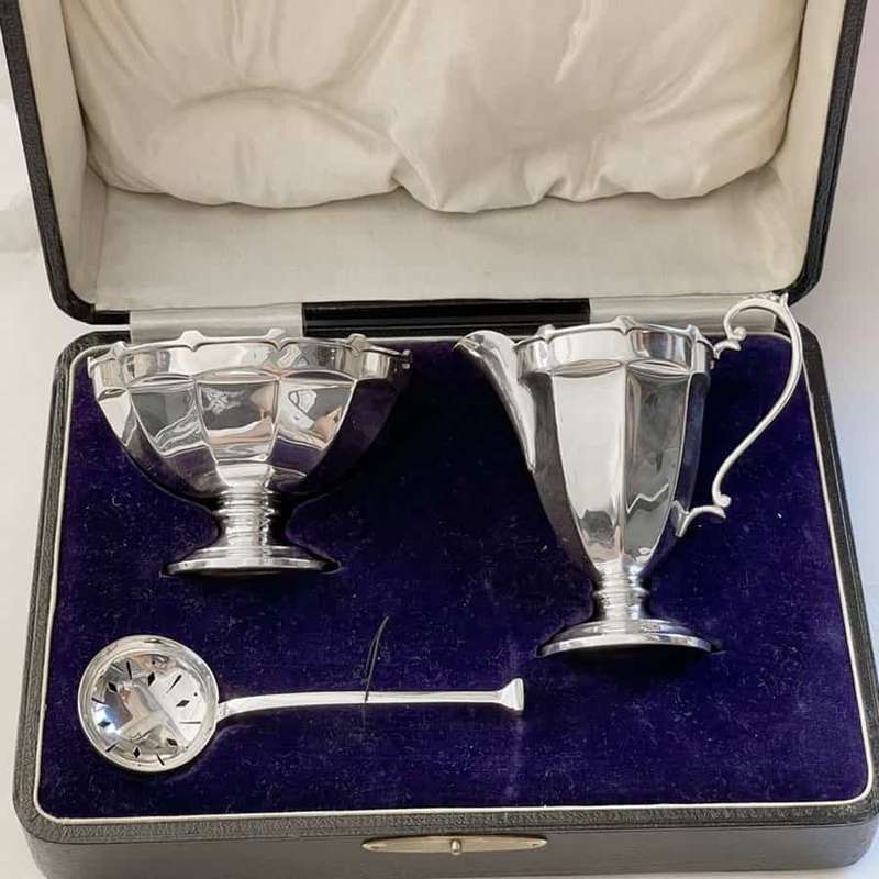 Hallmarked  Silver Boxed Cream Sugar Set  Birmingham  1926