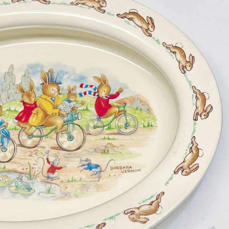 Royal Doulton Bunnykins Family Cycling Oval Porridge Signed B Vernon