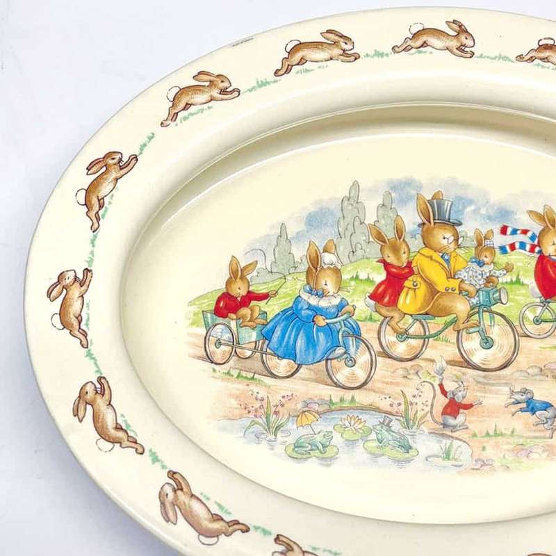 Royal Doulton Bunnykins Family Cycling Oval Porridge Signed B Vernon