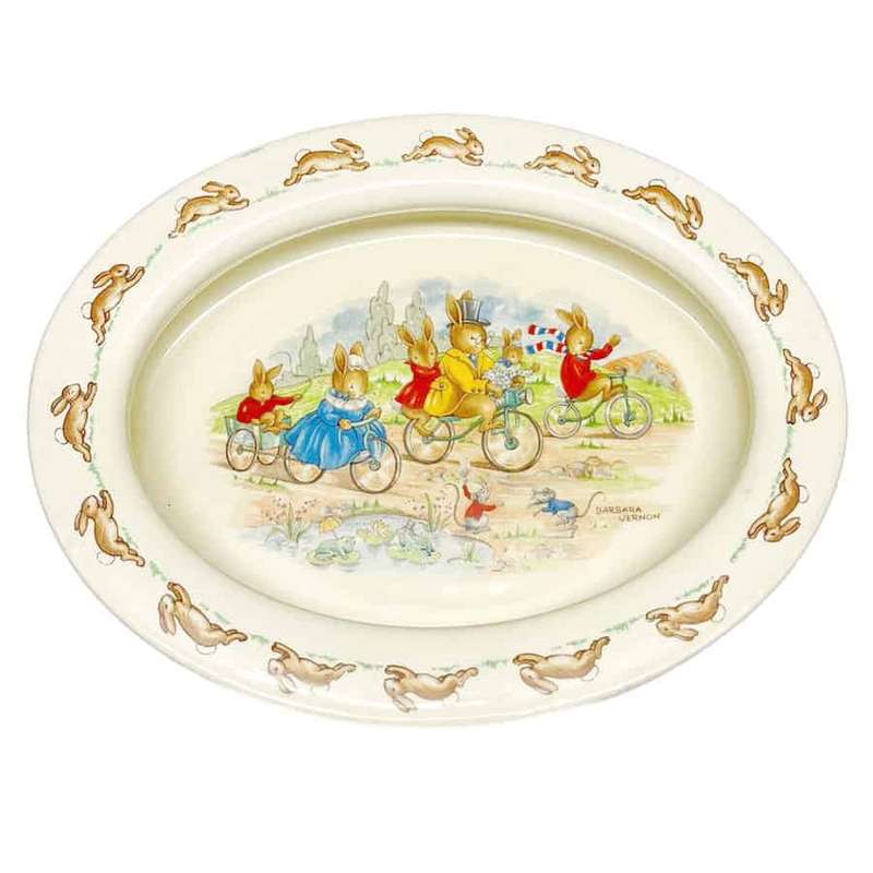 Royal Doulton Bunnykins Family Cycling Oval Porridge Signed B Vernon