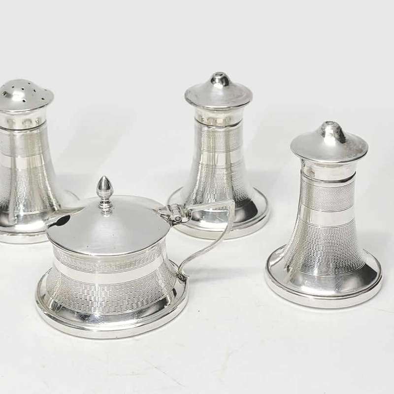 Art Deco Five Piece Hallmarked Silver Condiment Set Birmingham 1934