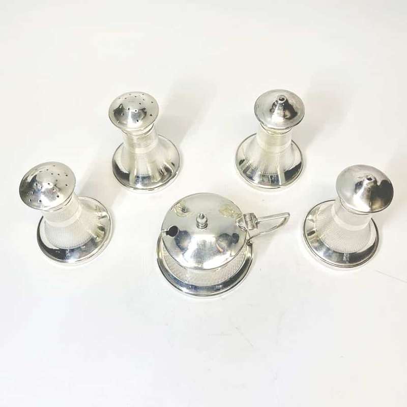 Art Deco Five Piece Hallmarked Silver Condiment Set Birmingham 1934