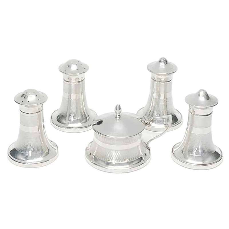 Art Deco Five Piece Hallmarked Silver Condiment Set Birmingham 1934
