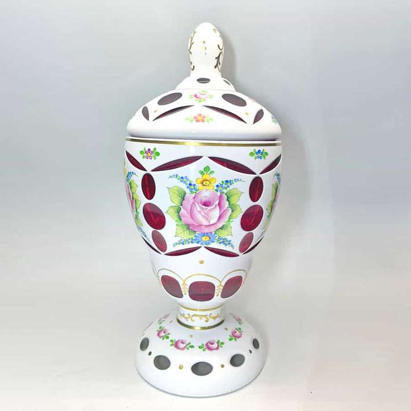 Bohemian Glass Hand Painted Urn and Cover C1940