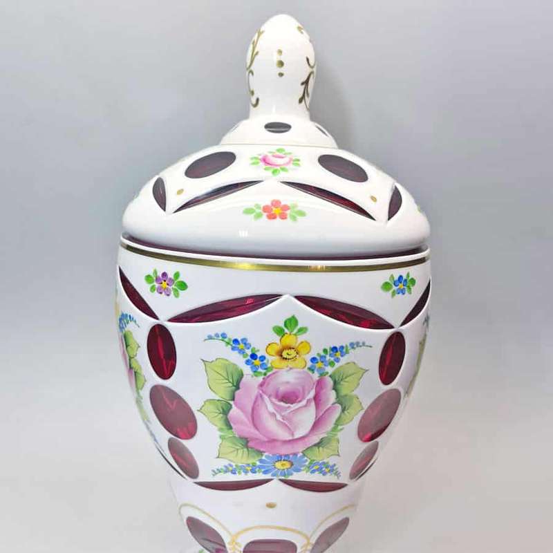 Bohemian Glass Hand Painted Urn and Cover C1940