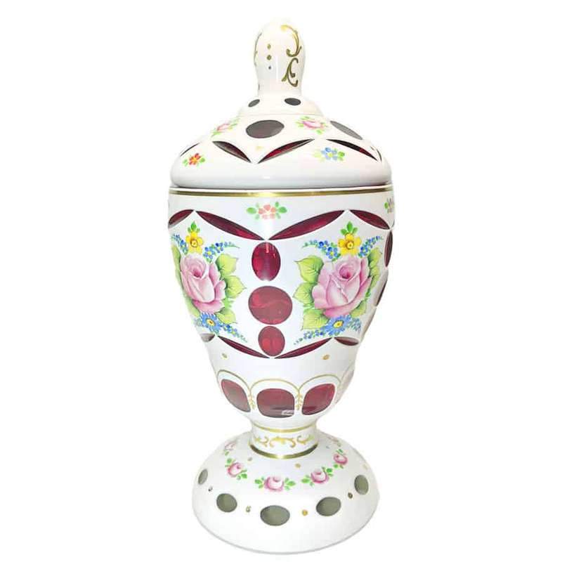 Bohemian Glass Hand Painted Urn and Cover C1940