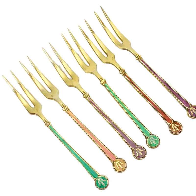 David Anderson Set Of Six Silver And Enamel Cake Forks