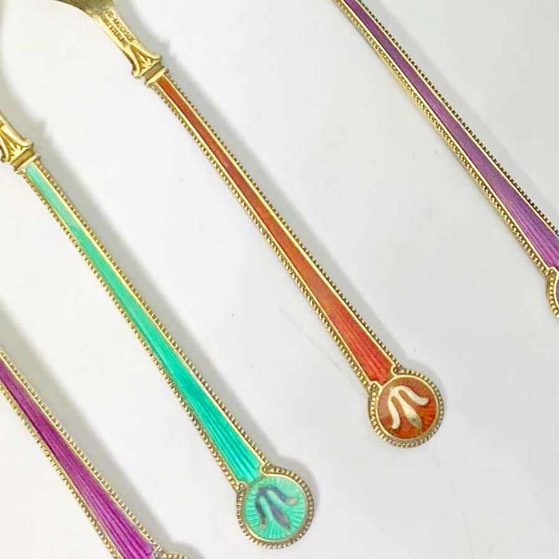David Anderson Set Of Six Silver And Enamel Cake Forks