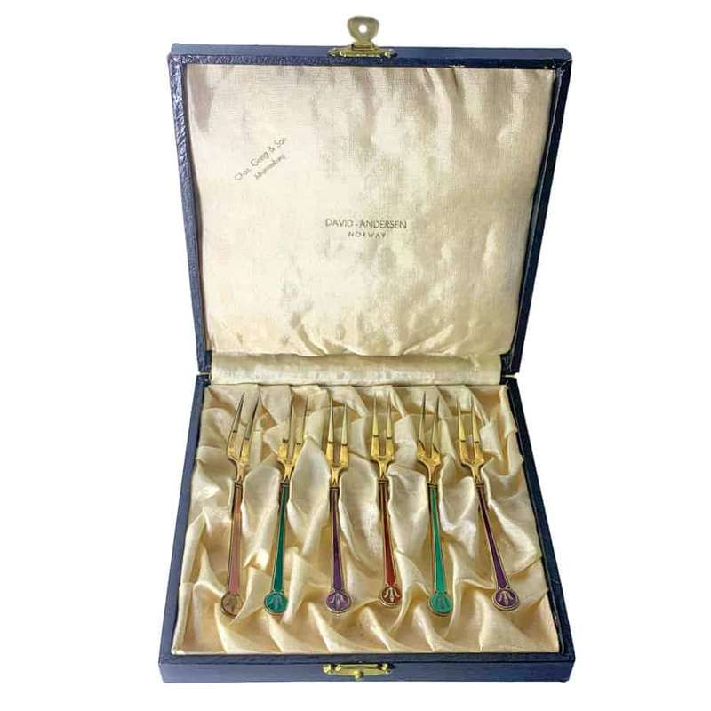 David Anderson Set Of Six Silver And Enamel Cake Forks